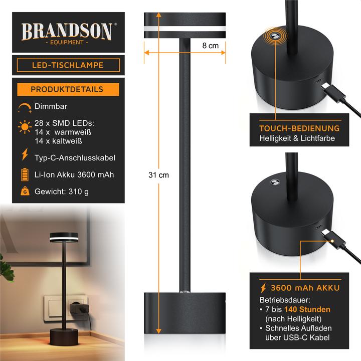 Actual product image Bearware Tischleuchte dimmbar, LED Tischlampe, 3 Lichtfarben, Akku, Helligkeitsstufen, kabellos, Schwarz