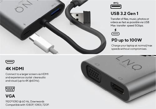 Actual product image LINQ Connects USB-C -> 1x HDMI, 1x VGA, 1x USB-C, 1x USB-A LQ48001 grey (USB-C, 3 ports)