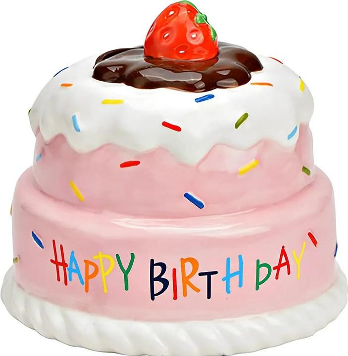 G. Wurm Taart spaarpot, Happy Birthday keramiek roze/roze (B/H/D) 12x12x12cm