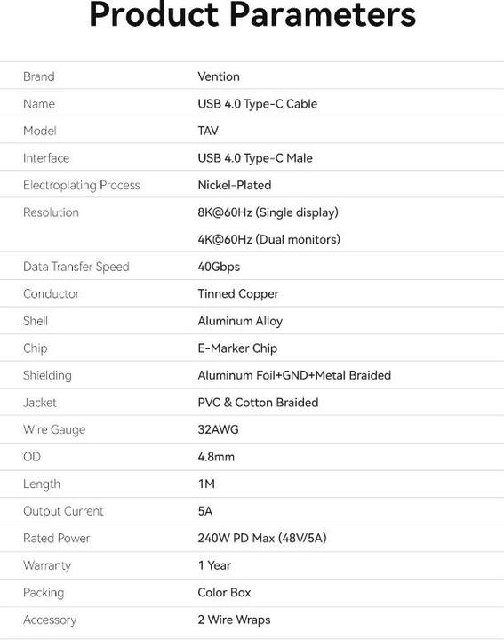 Nährwerte und Zutaten Vention USB C — USB C (1 m, USB 4.0, 240 W)