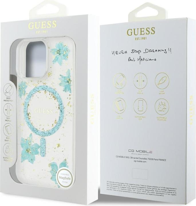 Actual product image Guess Case Resin Flowers Glitter MagSafe for iPhone 16 Pro turquoise (Apple iPhone 16 Pro)