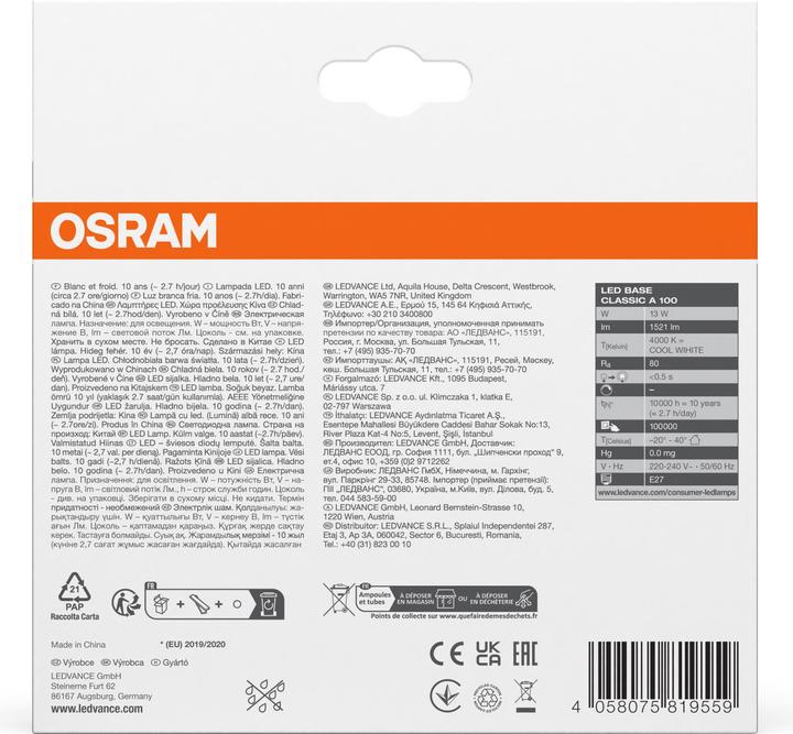 Image du produit Osram Led Base Classic A (E27, 14 W, 1521 lm, 3 x, F)