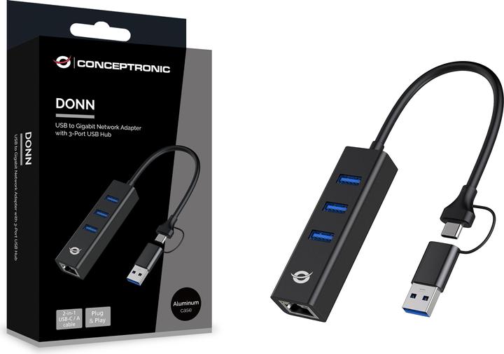 Produktbild Conceptronic Adapter USB3.0-> RJ45,3xUSB3.0,TypC Ad 0.15m sw (USB-A, USB-C, 4 Ports)