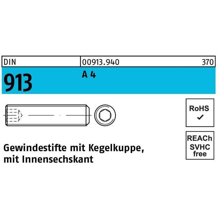 Reyher, Schrauben, Gewindestift DIN 913 Kegelkuppe/Innen-6-kant M 24 x 30 A 4 (10 Schrauben pro Stück)