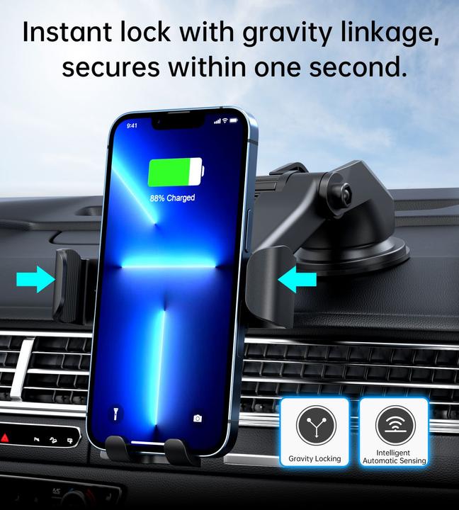 Actual product image Choetech T203-F gravity car holder with 15W inductive charger for cockpit - black