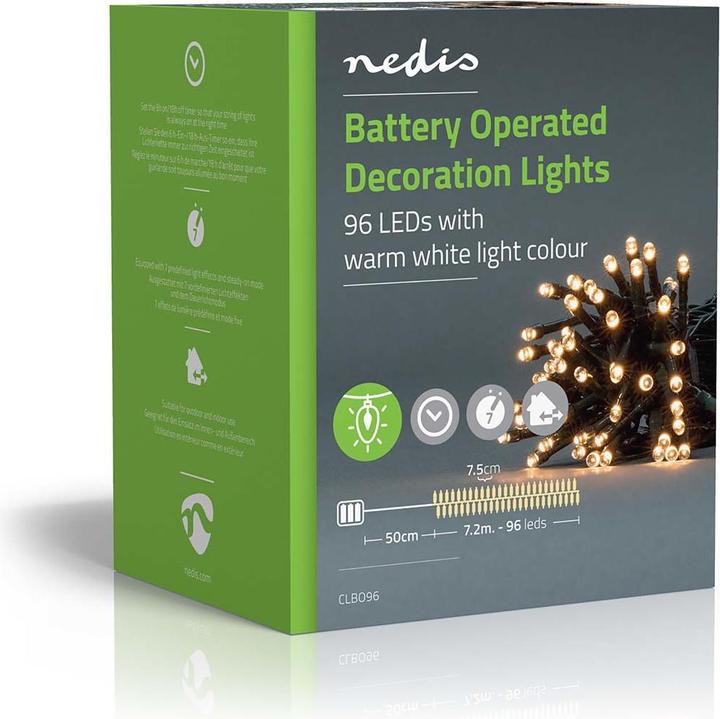 Immagine prodotto Nedis Luci decorative | Cavo | 96 LED | Bianco caldo | 7,20 m | Effetti di luce: 7 | Interno ed esterno (7.20 m)