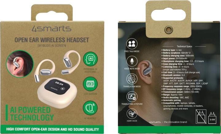 Produktbild 4smarts Open-Ear Bluetooth Kopfhörer SkyBuds AI Screen, Beige (Keine Geräuschunterdrückung, 4 h, Kabellos)