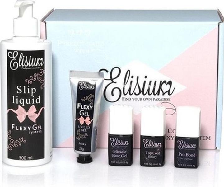 Image du produit Elisium Pro Bond + Miracle Base Gel + FlexyGel Milky & Slip Liquid + Top Coat Shiny hybrid starter kit