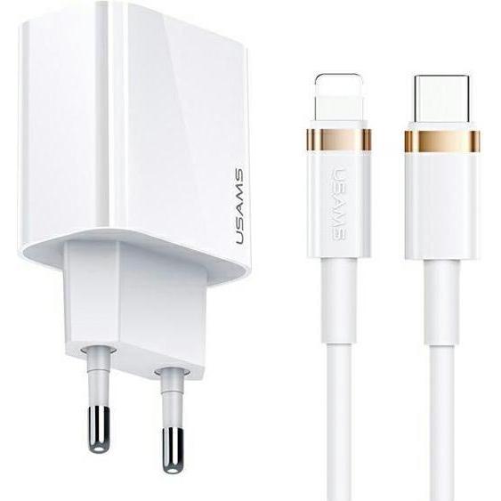 Usams Ład. siec. 1xUSB-C T34 20W 5V-3A PD3.0 + cavo U63 USB-C do lightning 20W biały/white (T49) T4 (1.20 m, USB 3.2 Gen 1, 20 W), Cavo USB