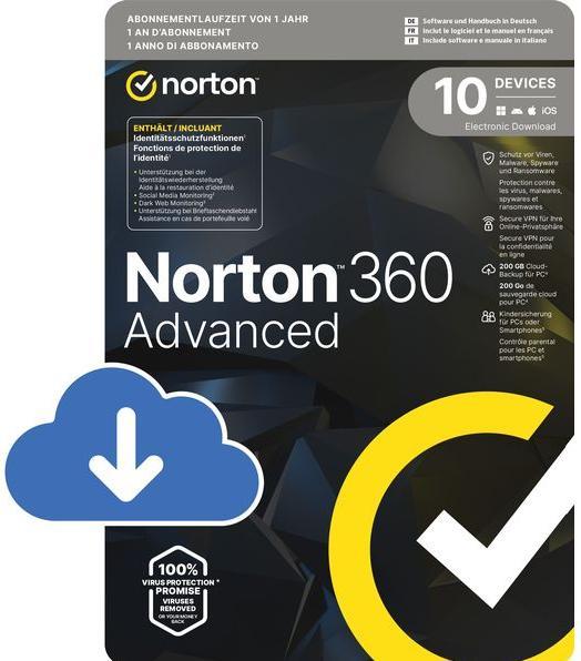 Norton Symantec 360 Advanced ESD, 10 Device, 1 Jahr, 200GB (1 User, 12 Monate)