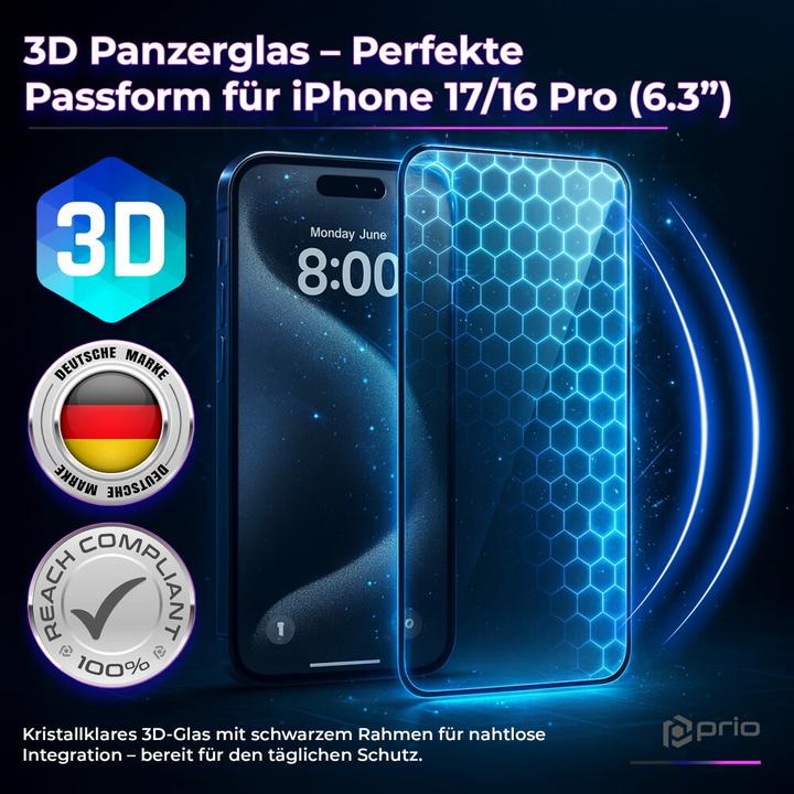 Image du produit prio 3D Anti-Scratch Tempered Glass pour iPhone 16 Pro (6,3 pouces) noir (1 pcs, Apple iPhone 16 Pro)