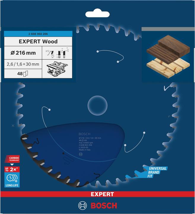 Productafbeelding Bosch Professional Zubehör Blau Zubehör 2608902206 EXPERT Kreissägeblatt Holz 216 x 2,6/1,6 x 30 mm T48