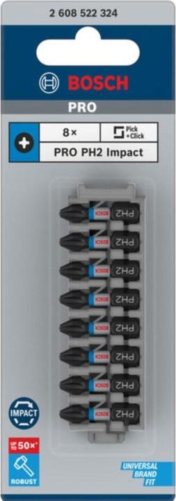 Actual product image Bosch Professional Zubehör PRO Phillips impact bit, PH2, 25 mm, 8 pcs. (Cross Phillips PH)