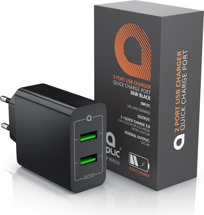 Actual product image Aplic USB charger, 2-port Quick Charge USB charger 36 W / 6000 mA / fast charging function, black (36 W, 2 ports)