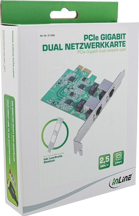 Image du produit InLine Carte réseau Dual Gigabit, 2x RJ45 2.5GBit/s, PCIe x1, avec slot low profile (Mini PCI Express)