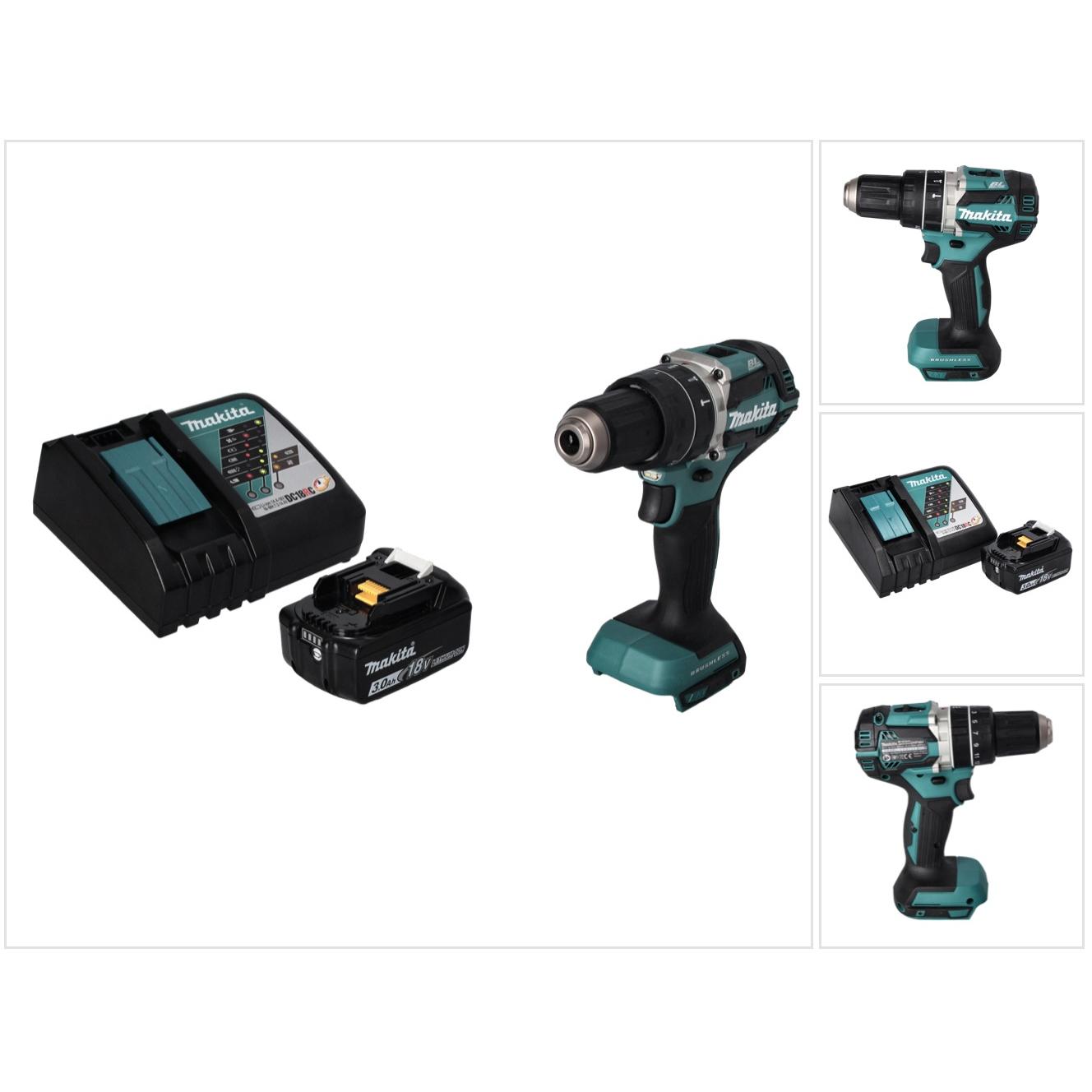 Makita, Bohrmaschine + Akkuschrauber, DHP 484 RF1 Akku Schlagbohrschrauber 18 V 54 Nm Brushless + 1x Akku 3,0 Ah + Ladeg...