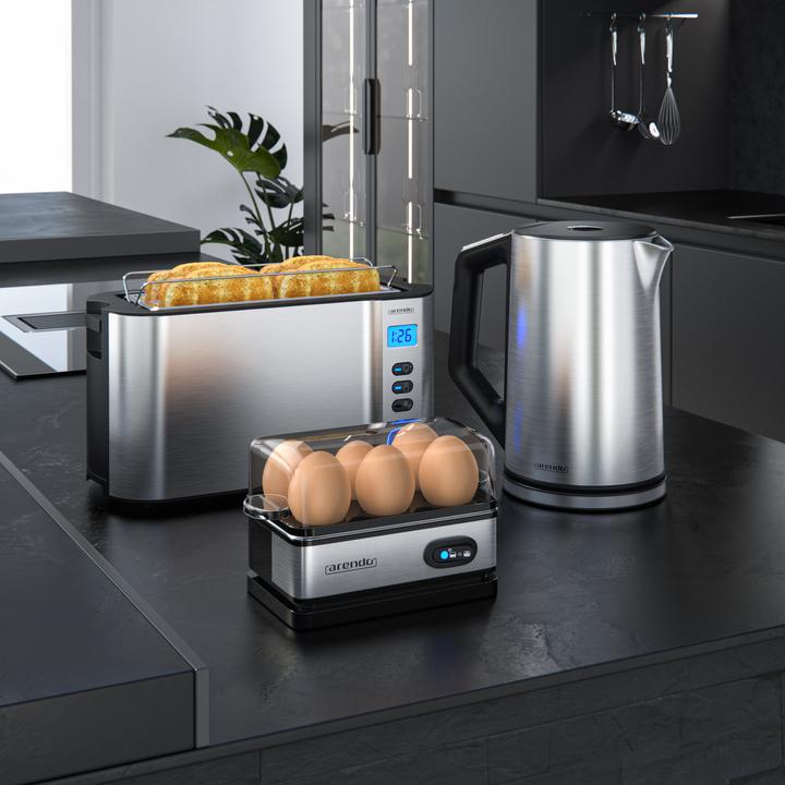 Image du produit Arendo Set petit déjeuner, bouilloire 1,5l, grille-pain 4 tranches & cuiseur à oeufs pour 6 oeufs, argenté