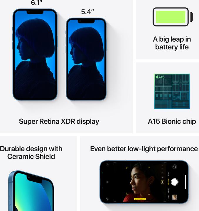 Image du produit Apple iPhone 13 mini (256 Go, Bleu, 5.40", SIM + eSIM, 12 Mpx, 5G)