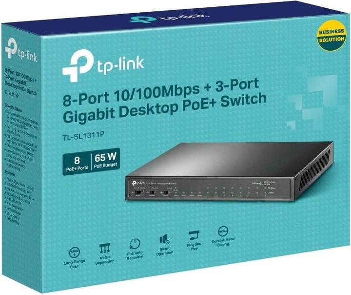 Image du produit TP-Link Commutateur de bureau 8 ports 10/100Mbps + 3 ports Gigabit avec PoE+ 8 ports (11 ports)
