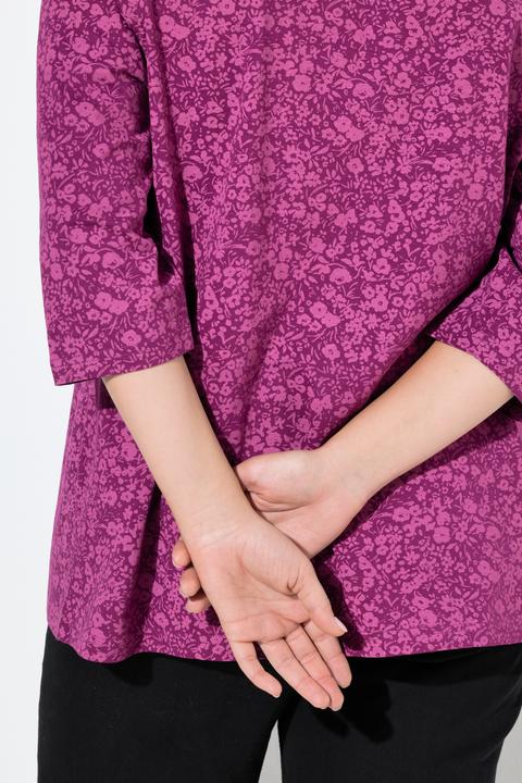 Immagine prodotto Ulla Popken Maglia dal taglio svasato con fiori, pieghe decorative, scollo a V e maniche a 3/4 (46, 48)