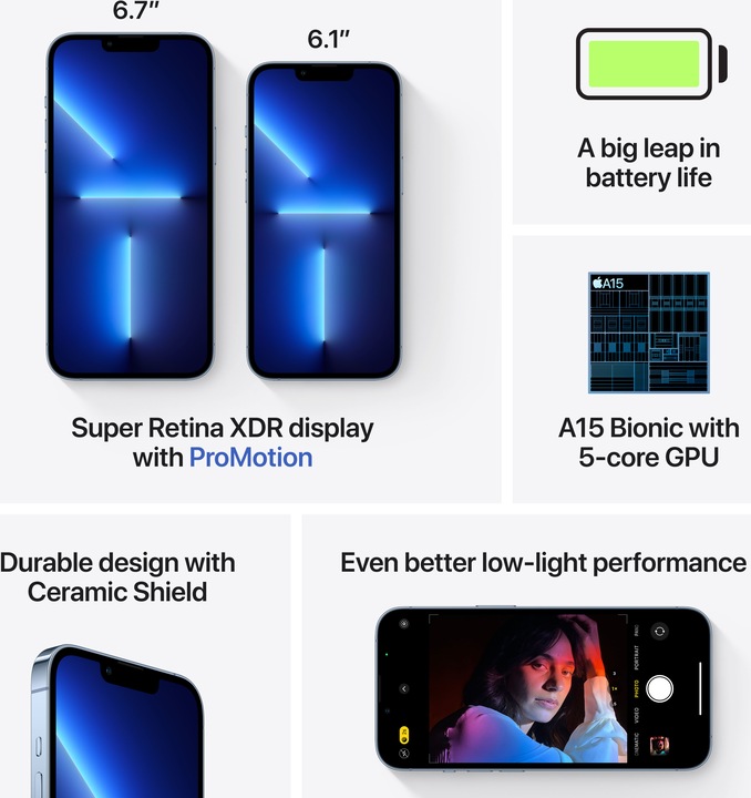 Produktbild Apple iPhone 13 Pro (128 GB, Sierra Blue, 6.10", SIM + eSIM, 12 Mpx, 5G)