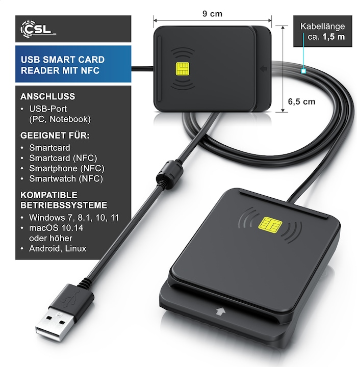 Produktbild CSL USB Chipkartenleser, NFC, ISO 7816/14443, kompatibel mit Mac OS X & Windows 11, für Personalausweis (USB)