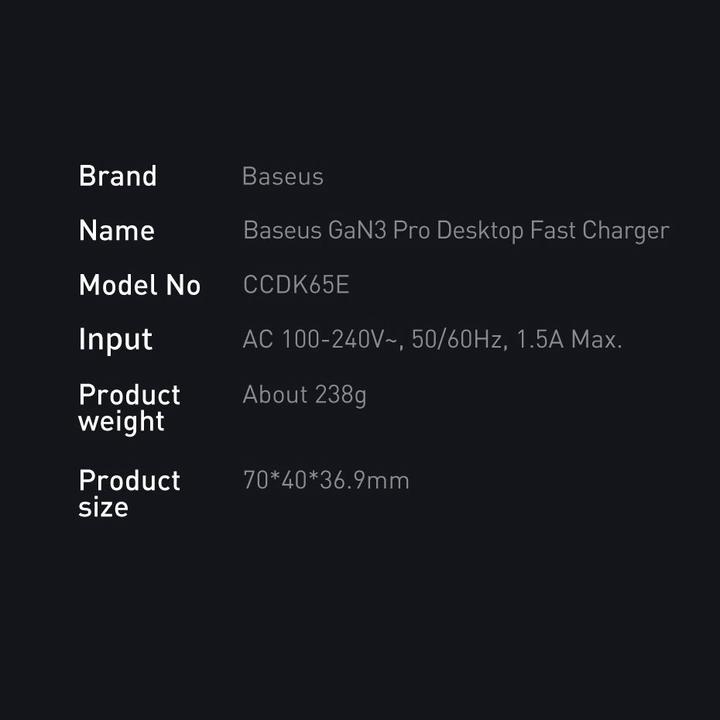 Nährwerte und Zutaten Baseus Quick Charger GaN3 Pro (65 W)