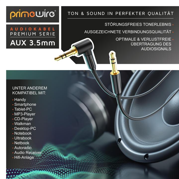 Image du produit Primewire AUX to 3.5mm Jack Audio Cable 90° Angled, HiFi Jack Cable Connection Cable for Audio Devices (2 m, Jack 3,5 mm (AUX))