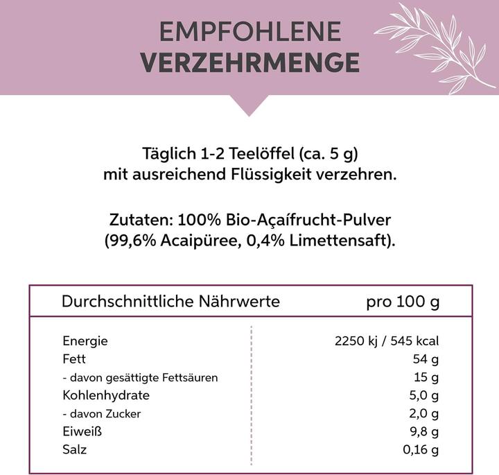 Nutritional values and ingredients Eltabia Organic acai powder in freeze-dried raw food quality | 100% pure without additives and vegan (Powder, 200 g)