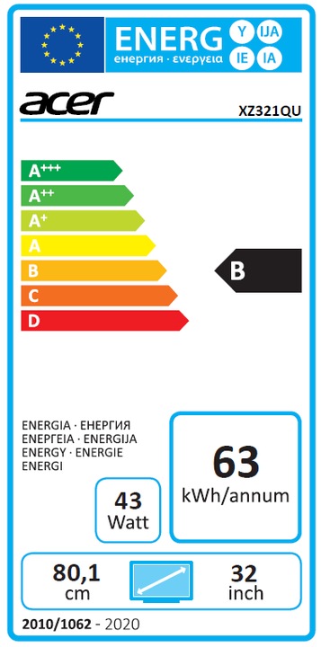 Energy Label Acer XZ3 - XZ321QUbmijpphzx (2560 x 1440 pixels, 31.50")