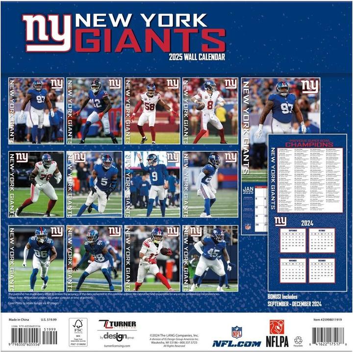 Image du produit NFL - New York Giants - Calendrier mural de l'équipe 30,5 x 30,5 cm 2025 (30,5 x 30,5 cm)