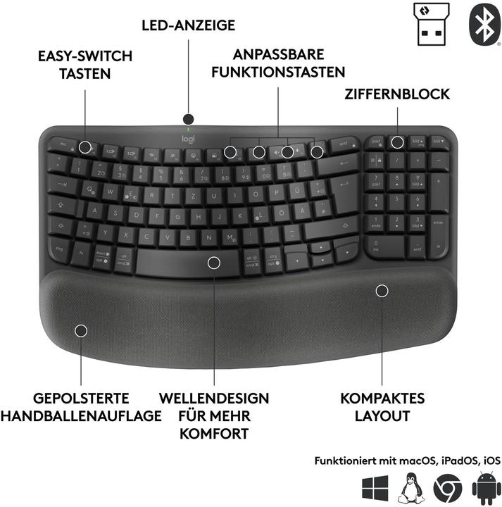 Actual product image Logitech Wave Keysergonomic Kb Graphite (Eng. Int., Wireless)