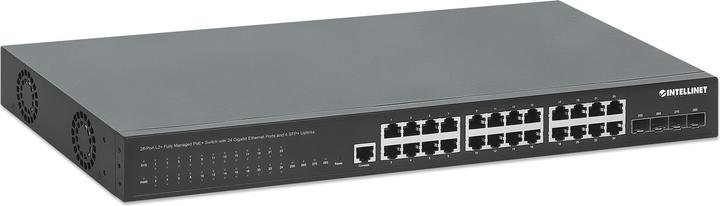 Actual product image Intellinet 28-port L2+ Fully Managed PoE+ switch with 24 Gigabit Ethernet ports and 4 SFP+ uplinks (24 ports)