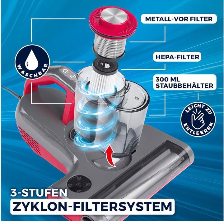 Immagine prodotto CleanMaxx Aspirapolvere rotante per acari con luce UV-C e filtro HEPA, elimina il 99% di acari e batteri