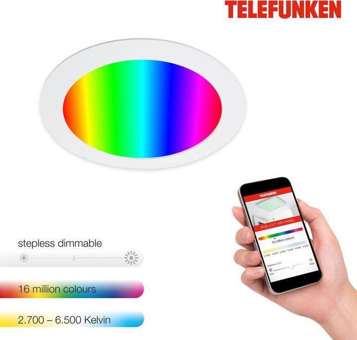 Actual product image Telefunken LED recessed light dimmable IP23 WiFi RGBW 12W 1200 lm warm white - daylight white round white (1200 lm)