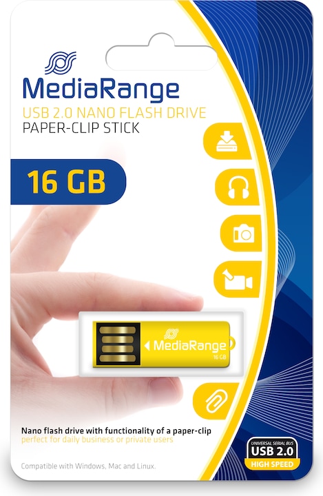 Image du produit MediaRange Nano-clé USB 16Go avec. Fonction d'agrafe jaune (16 Go, USB-A, USB 2.0)