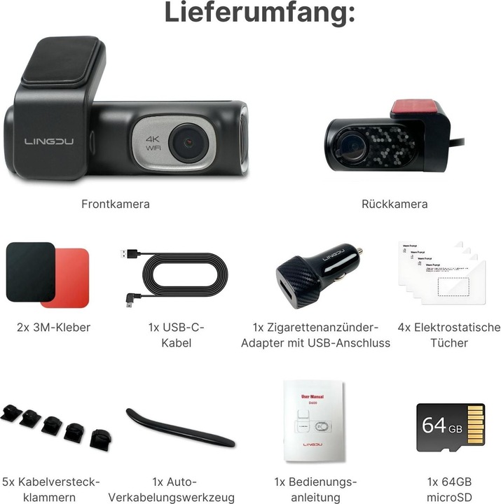 Actual product image Hermex 4K WiFi dual dashcam car front camera onboard camera car surveillance (Built-in microphone, Built-in display, Rechargeable battery, GPS receiver, Wi-Fi, 4K)