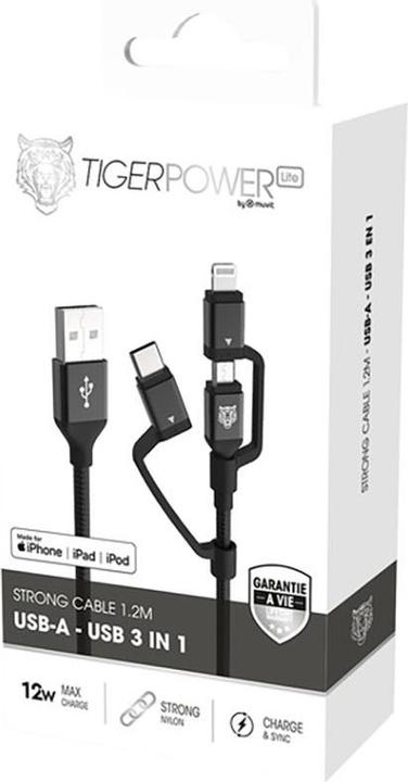 Produktbild Tiger POWER LITE CABLE 3EN1 USB-A USB-C/LIGHTNING/MICRO-USB 1,2M NOIR (1.20 m, USB 3.0)