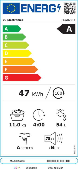 Label énergétique LG F6WR7011 (11 kg, Gauche)