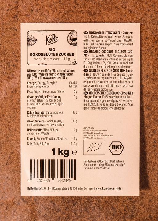 Nutritional values and ingredients KoRo Organic coconut blossom sugar (1000 g)