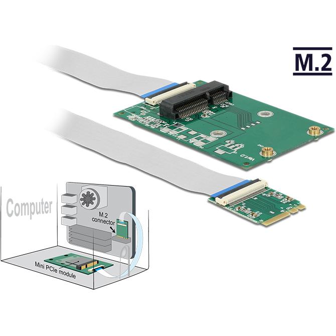 Thumbnail - Delock Konverter M.2 Key A+E Stecker > 1 x Mini PCIe Slot half size / full size mit flexiblem Kabel, Kontrollerkarte