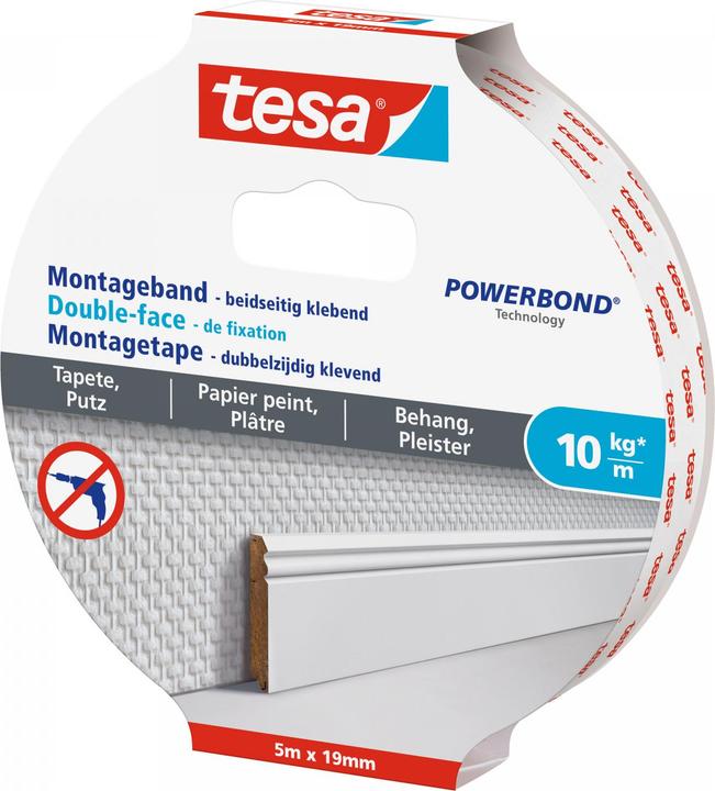 Produktbild tesa Montageband für Tapete & Putz, doppelseitiges Montageklebeband (19 mm)