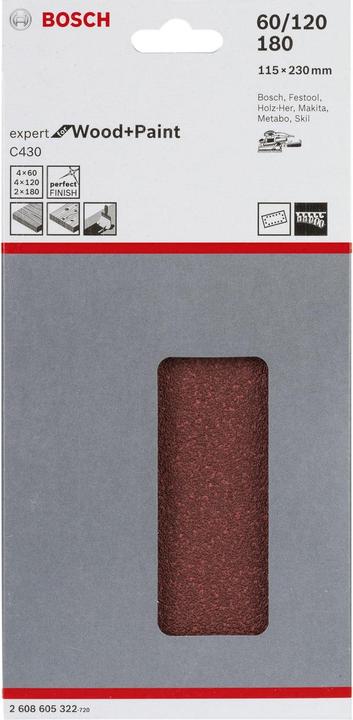 Produktbild Bosch Professional Zubehör Schleifblatt C430, 115 x 230 mm, 4 x 60, 4 x 120, 2 x 180, 14 Löcher, 10er-Pack (120, 180, 60)