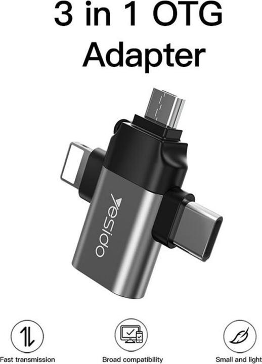 Produktbild Yesido - OTG Adapter (GS15) - USB to Lightning, Micro-USB, Type-C, Plug & Play, 480Mbps - Black (USB-A, Lightning, Micro USB)