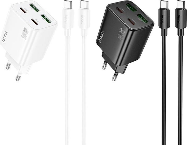 Produktbild Hoco Adapter charger 2 x Type C + 2 x USB A + cable Type C to Type C PD QC3.0 3A 30W N56 white (30 W, 4 Ports)