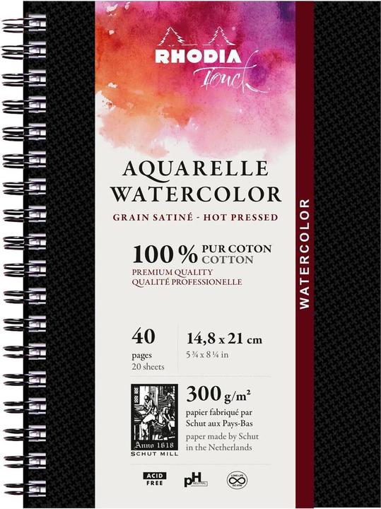 Image du produit Rhodia Touch Watercolor Book, papier 100% coton grain satiné 300g - A5 portrait, 40 pages - Noir (300 g/m², 240 x)