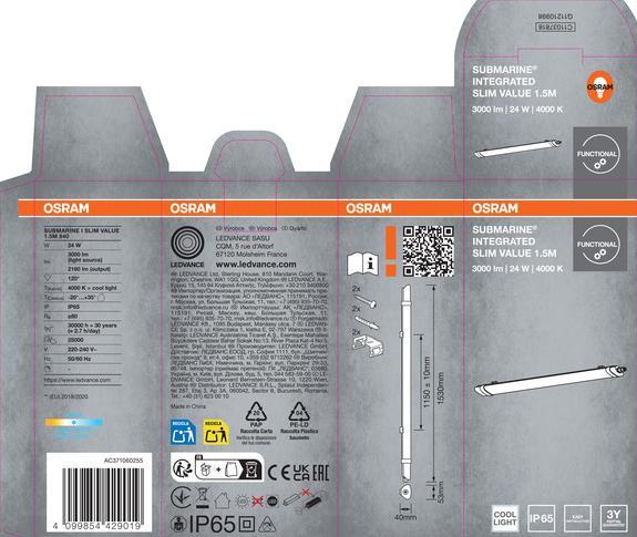 Produktbild Nobrand Osram 3er-Set Feuchtraumleuchte Submarine, 1.5M, 24W, 4000K, weiss