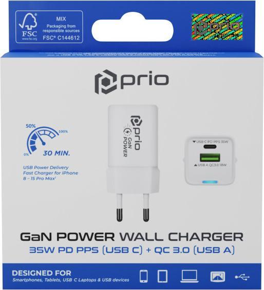 Actual product image prio Wall charger GaN Power 35W PD PPS (USB C) + QC 3.0 (USB A) white (35 W)
