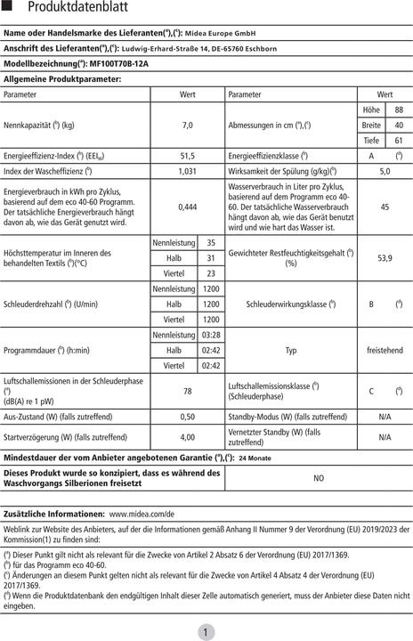 Nährwerte und Zutaten Midea MT100W70WB-12A (7 kg)