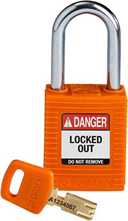 Actual product image Brady Safekey nylon safety lock with steel shackle, orange, 38 mm shackle height, 6.4 mm shackle diam